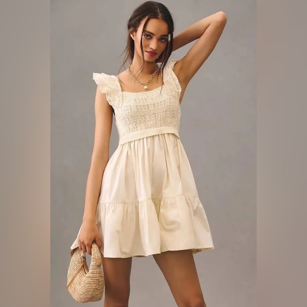 Anthropologie EN SAISON Cream Ruffled Square Neck Mini Dress Size S